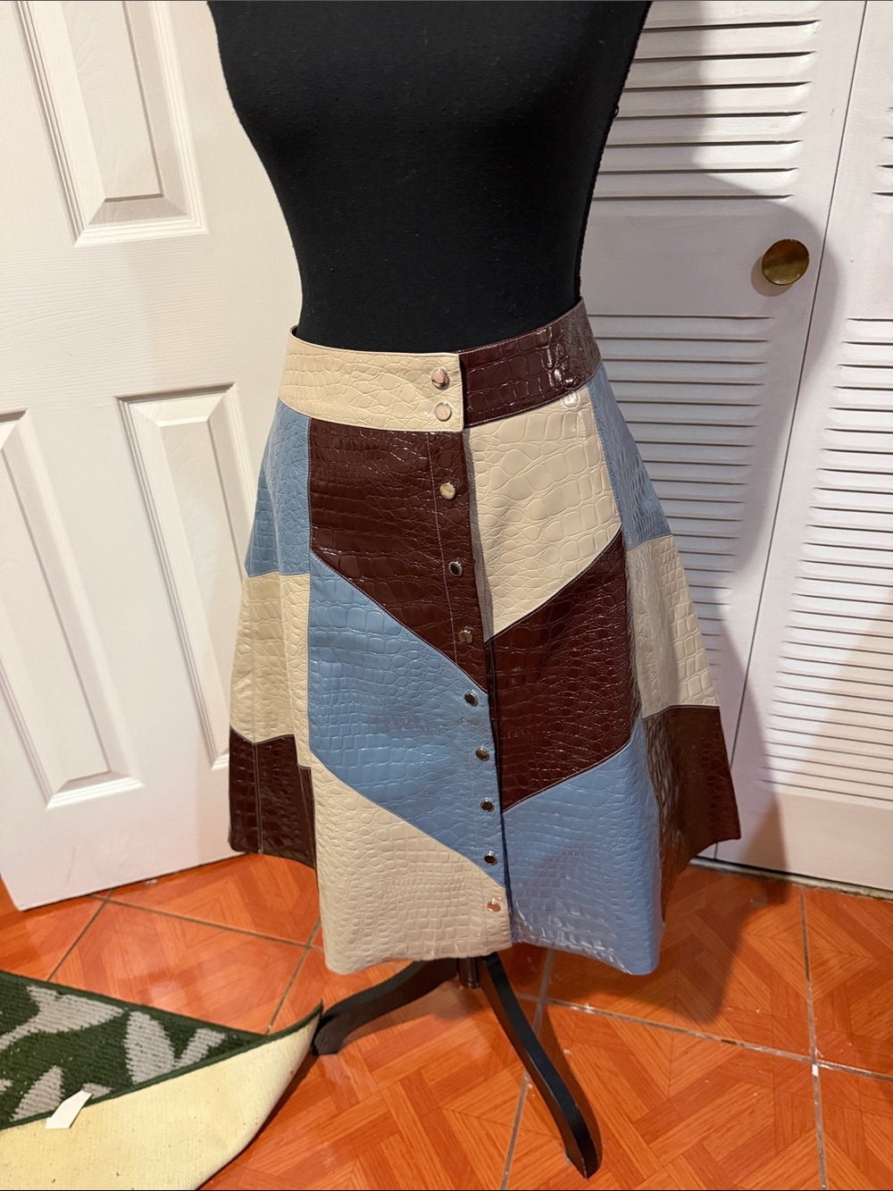 Patchwork A-Line Skirt in Blue, Brown & Cream
